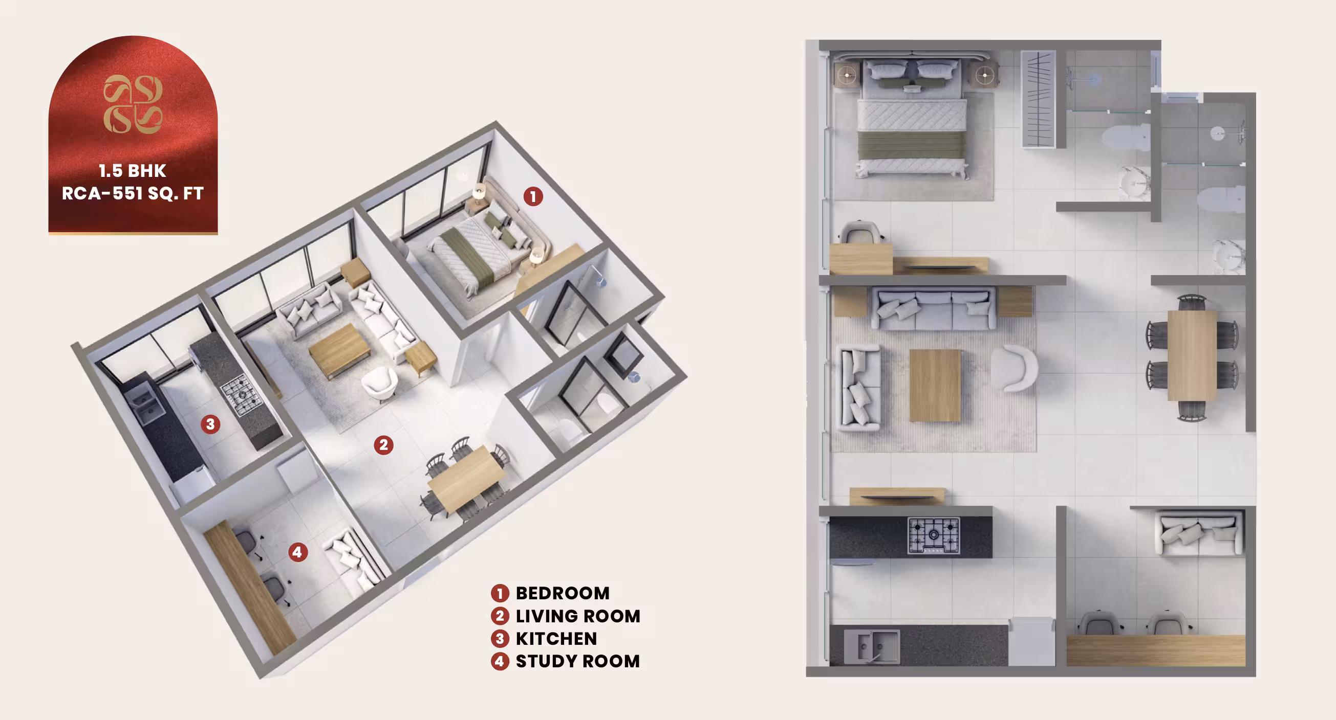 1.5 BHK 551 sq.ft. Cornerstone home layout