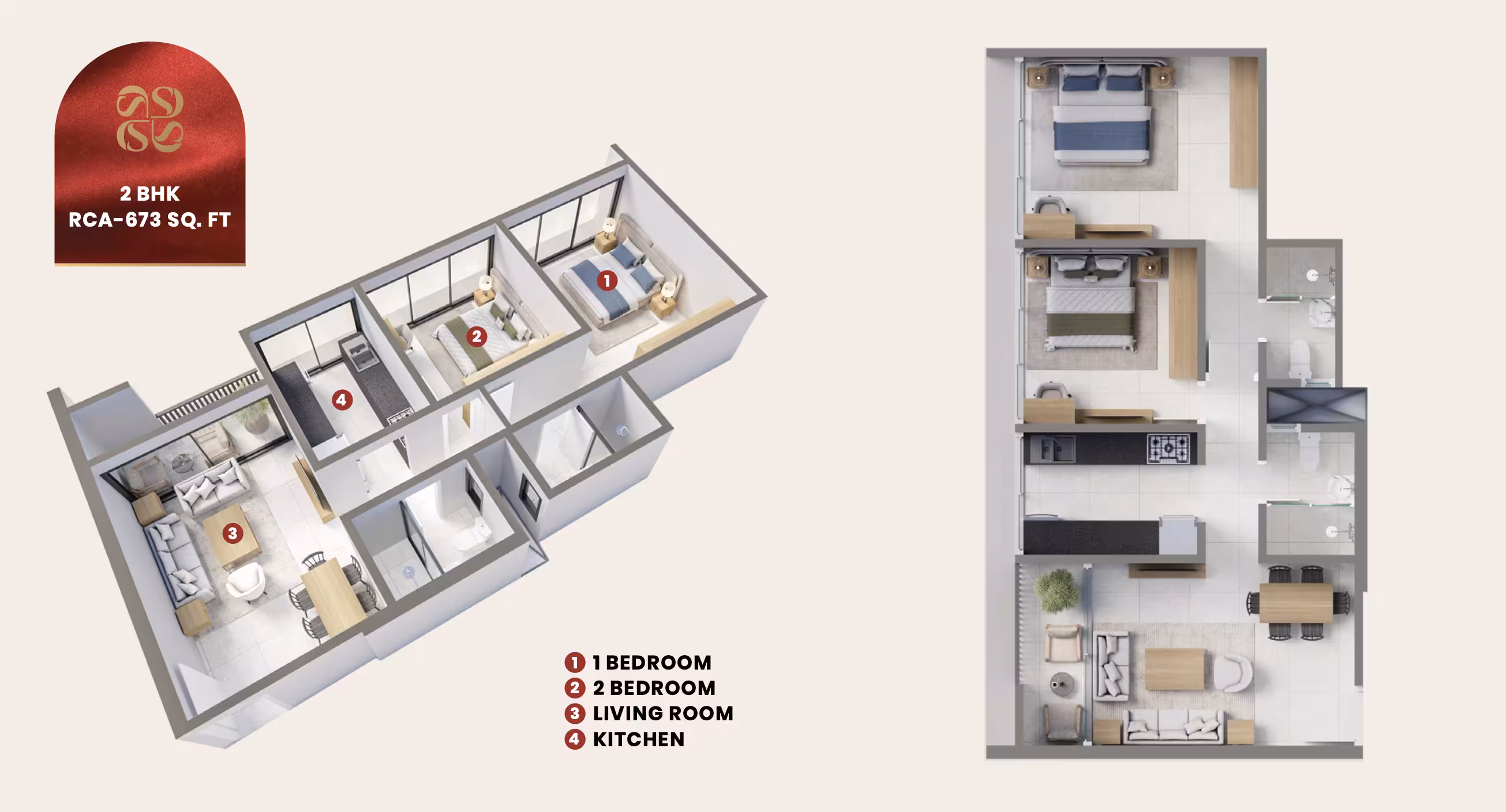 2 BHK 673 sq.ft. Cornerstone home layout